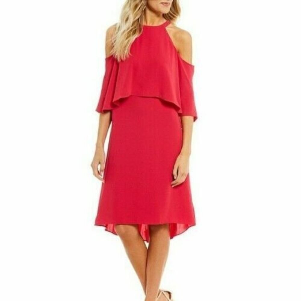 Mika Mindel Dress Womens Small Fuschia Pink Haltern Neckline Cold Shoulder New